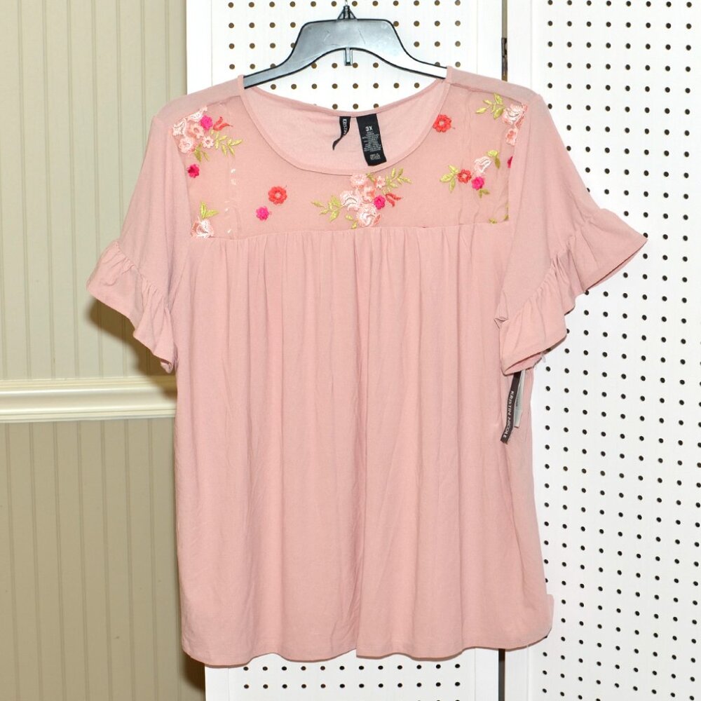 Plus Size 3X Kristin Nicole Floral Embroidered Mesh Blush Pink Flutter Top